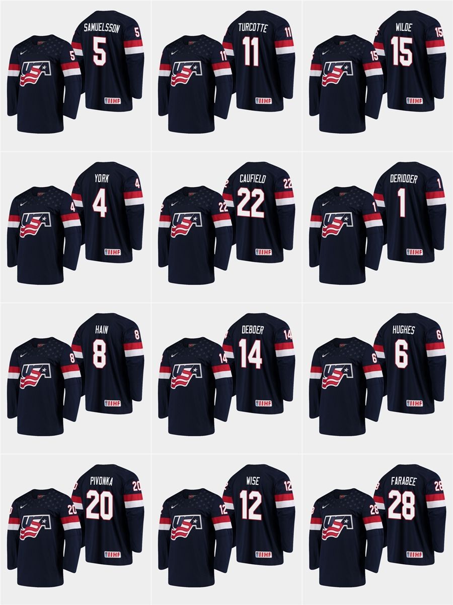 2018 Iihf World Championship USA Team Cole Caufield Hughes Jerseys