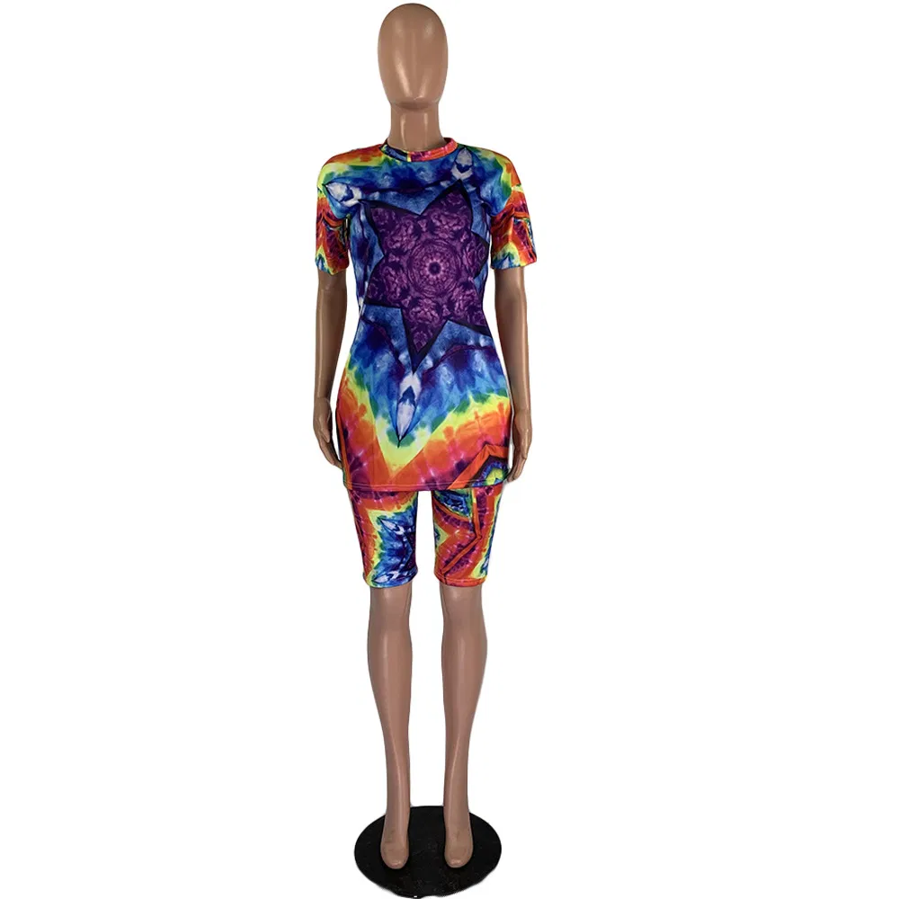 2020 Women Sets Summer Tracksuits Fitness Short Sleeve Tie-Dye Print Tops+Shorts Suit Two Piece Set Sporty 2 PCS Outfits