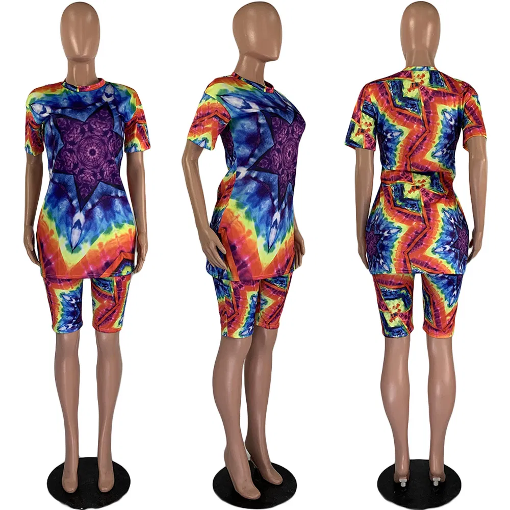 2020 Women Sets Summer Tracksuits Fitness Short Sleeve Tie-Dye Print Tops+Shorts Suit Two Piece Set Sporty 2 PCS Outfits