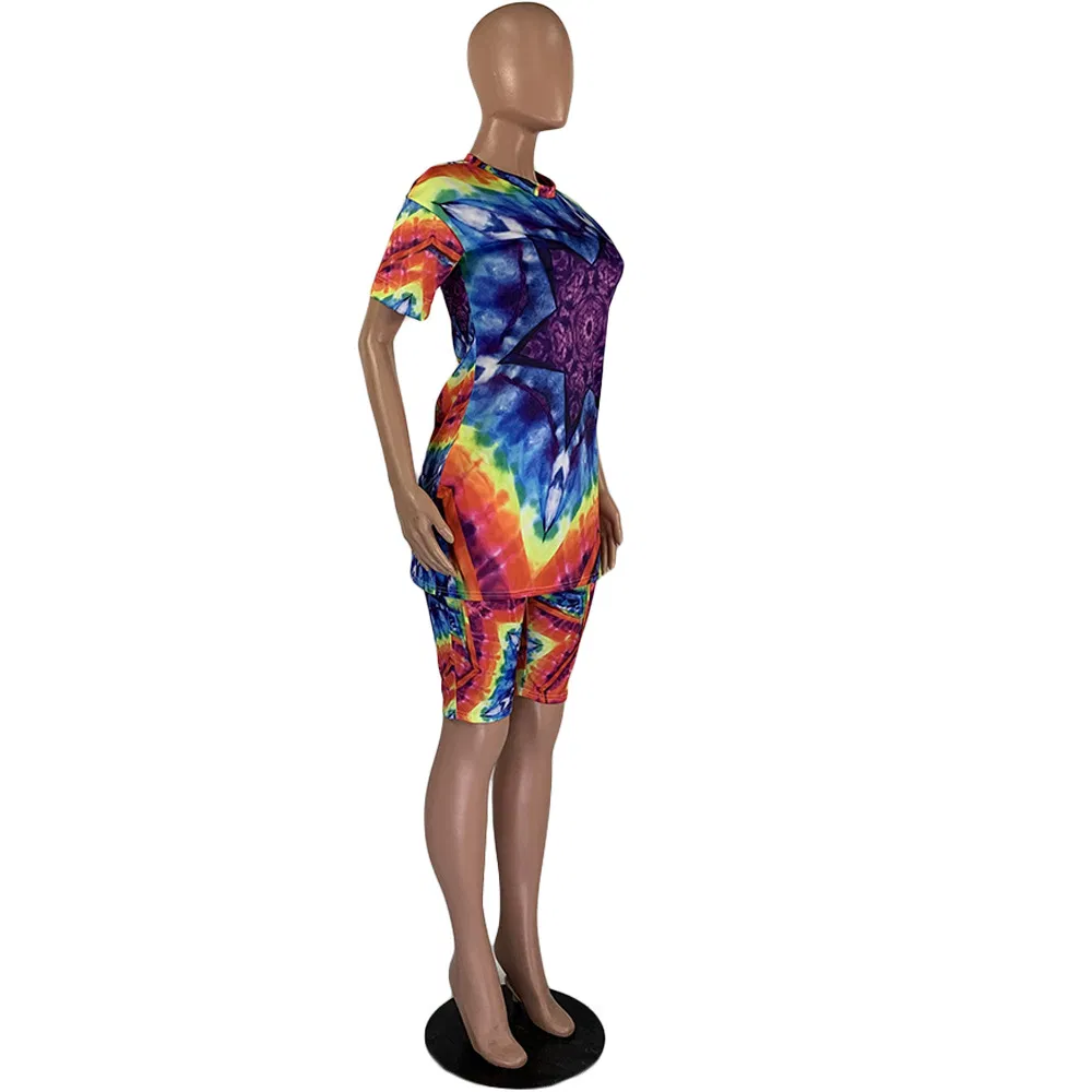 2020 Women Sets Summer Tracksuits Fitness Short Sleeve Tie-Dye Print Tops+Shorts Suit Two Piece Set Sporty 2 PCS Outfits