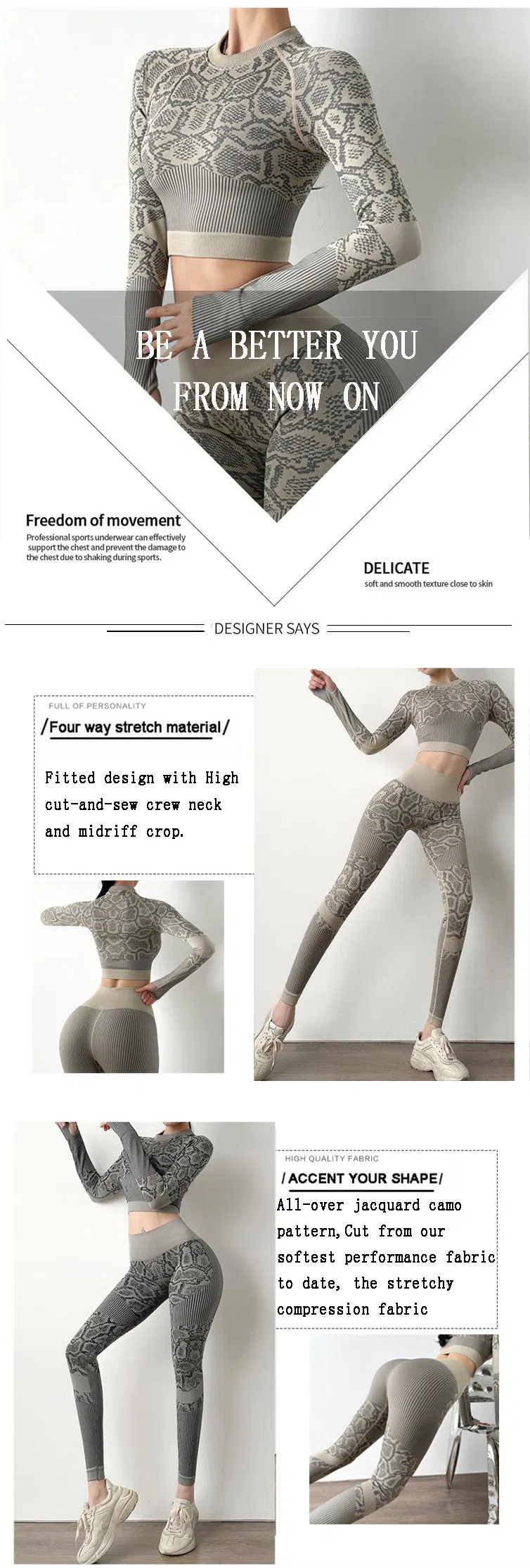2021 Activewear Fitness Clothing 2 Piece Gym Outfit Snakeskin Print High Waist Legging and Long Sleeve Crop Top Seamless Yoga Tracksuits Women Workout Gym Set