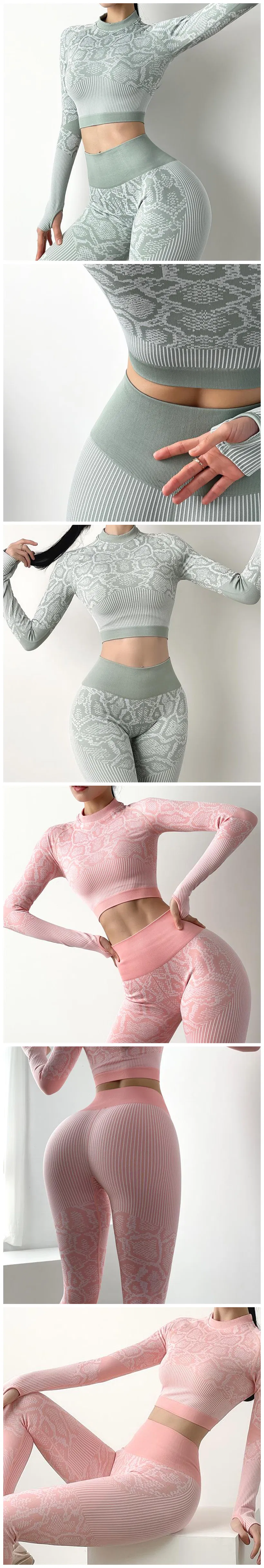 2021 Activewear Fitness Clothing 2 Piece Gym Outfit Snakeskin Print High Waist Legging and Long Sleeve Crop Top Seamless Yoga Tracksuits Women Workout Gym Set