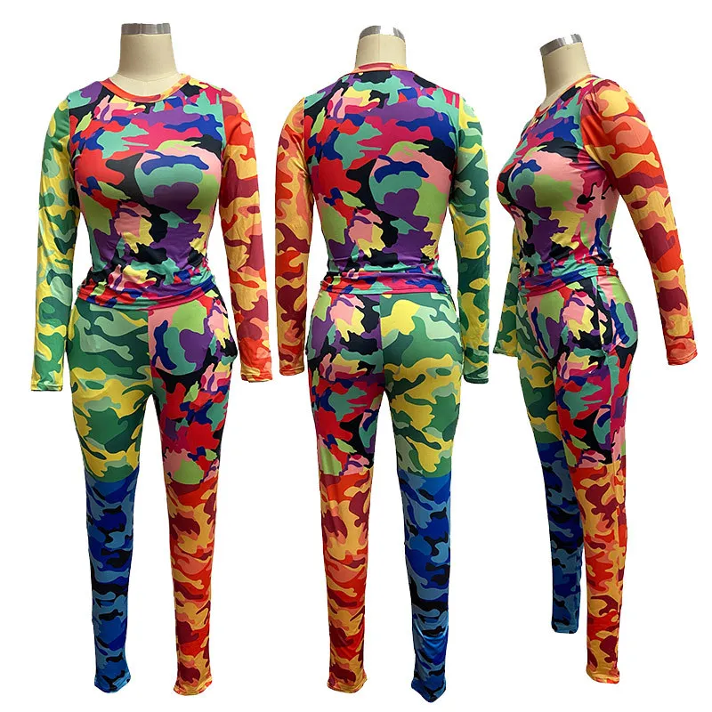 2021 Autumn Women′s Camouflage Printed Amazon Casual Two-Piece Slim Sports Suit