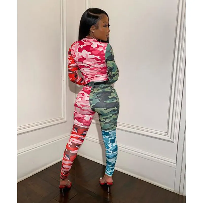 2021 Autumn Women′s Camouflage Printed Amazon Casual Two-Piece Slim Sports Suit