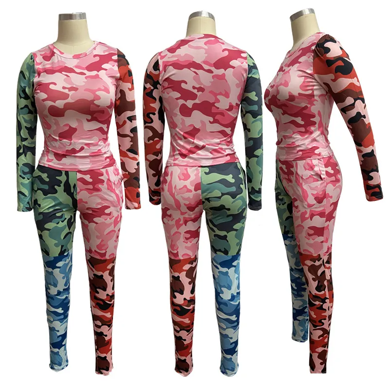 2021 Autumn Women′s Camouflage Printed Amazon Casual Two-Piece Slim Sports Suit