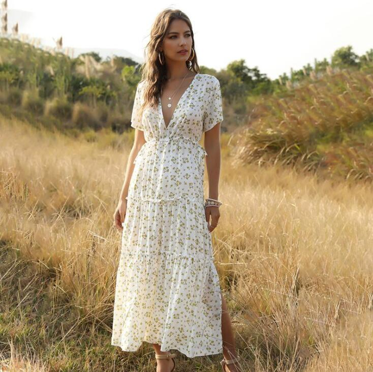 2021 Lady Clothing Floral Printed Maxi Boho Dress Summer Vestidos V-Neck Women Dresses