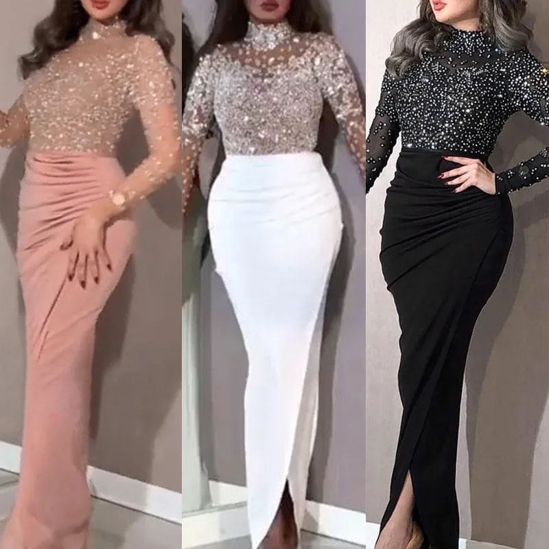 2021 New Arrivals Mesh Sequined Long Sleeve Evening Women Dresses