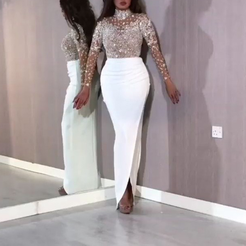 2021 New Arrivals Mesh Sequined Long Sleeve Evening Women Dresses