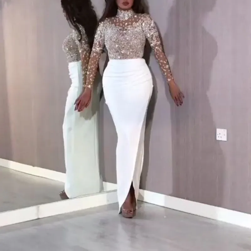 2021 New Arrivals Mesh Sequined Long Sleeve Evening Women Dresses