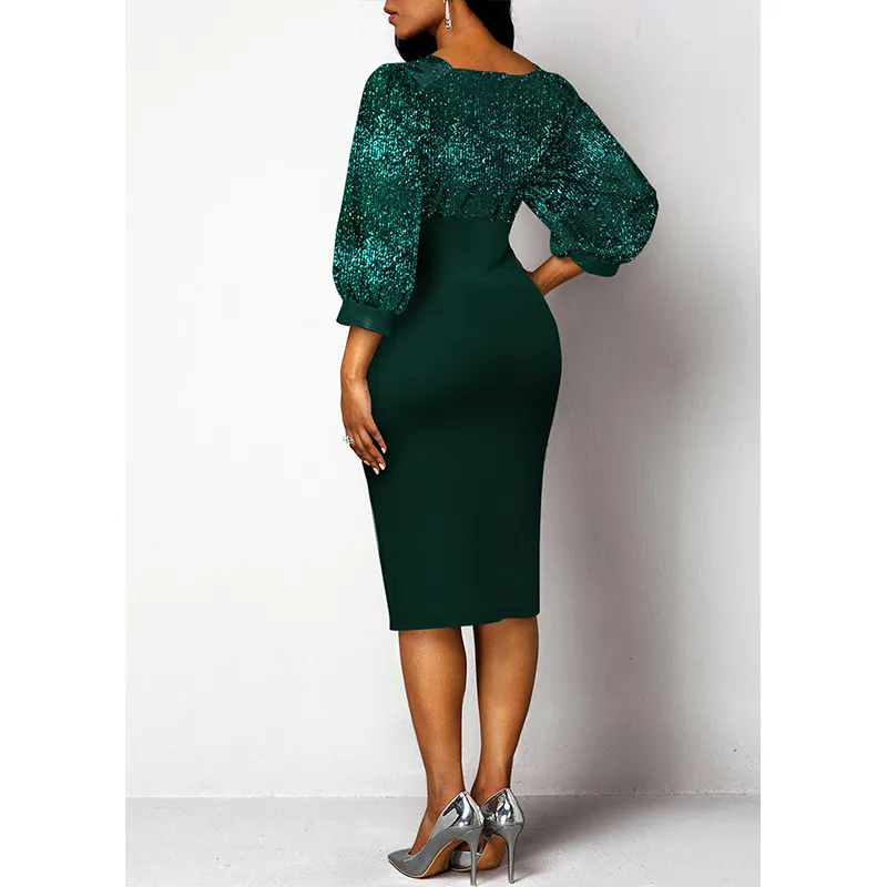 2021 New Arrivals Women′s Long-Sleeved Solid Color Sequined V-Neck Knitted Formal Dresses