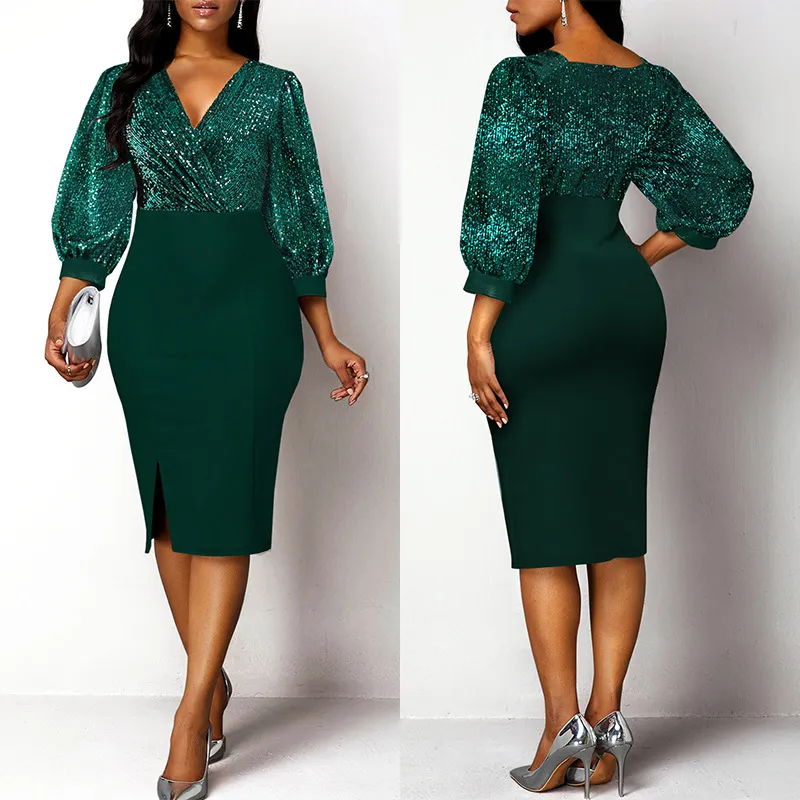 2021 New Arrivals Women′s Long-Sleeved Solid Color Sequined V-Neck Knitted Formal Dresses