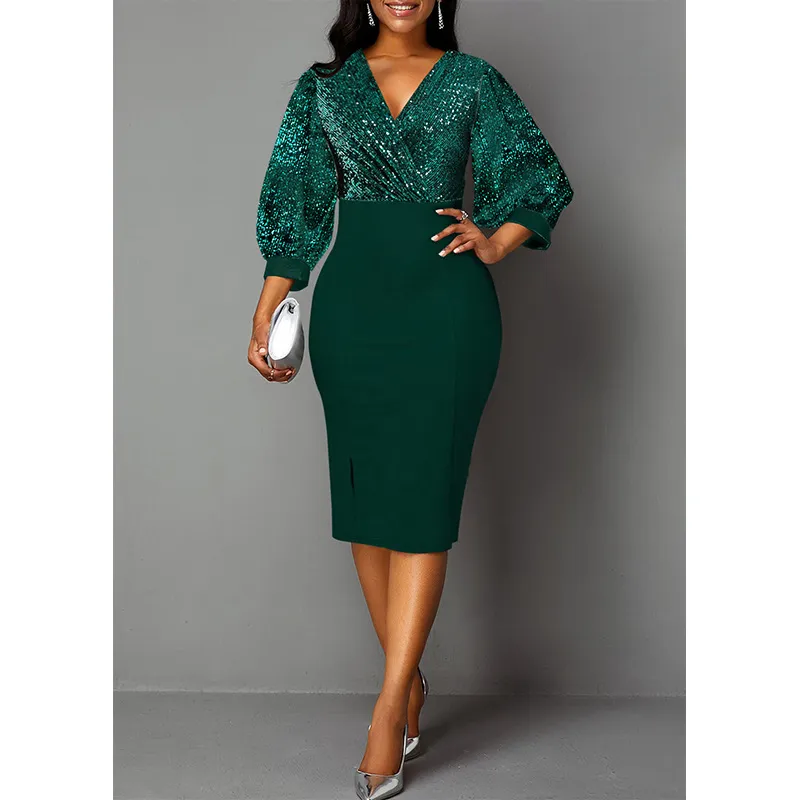 2021 New Arrivals Women′s Long-Sleeved Solid Color Sequined V-Neck Knitted Formal Dresses