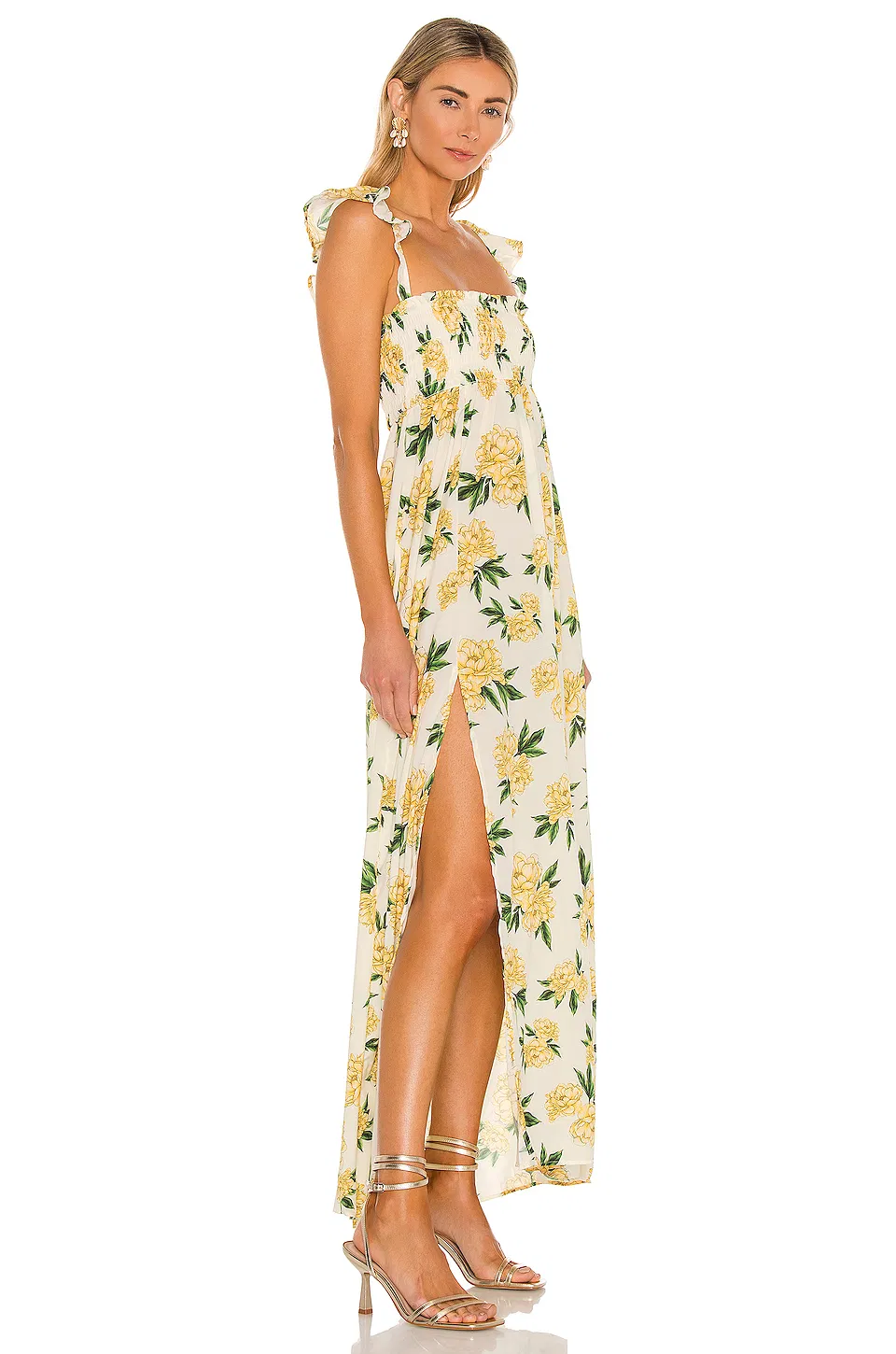 2022 Fashion Smocked Bust with Elastic Flutter Sleeves Floral Longline Dress