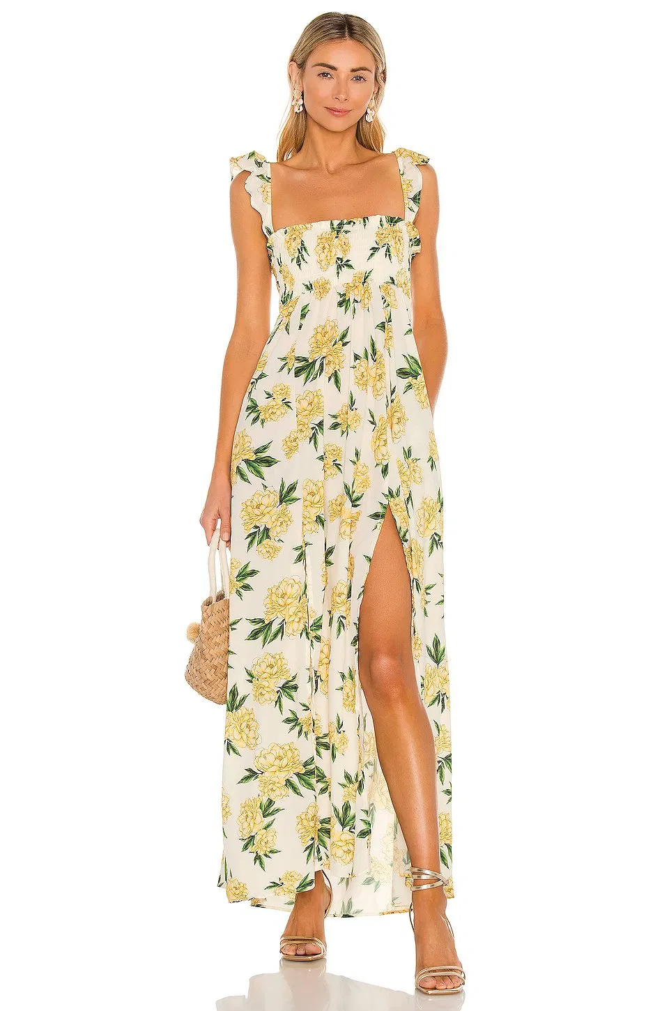 2022 Fashion Smocked Bust with Elastic Flutter Sleeves Floral Longline Dress