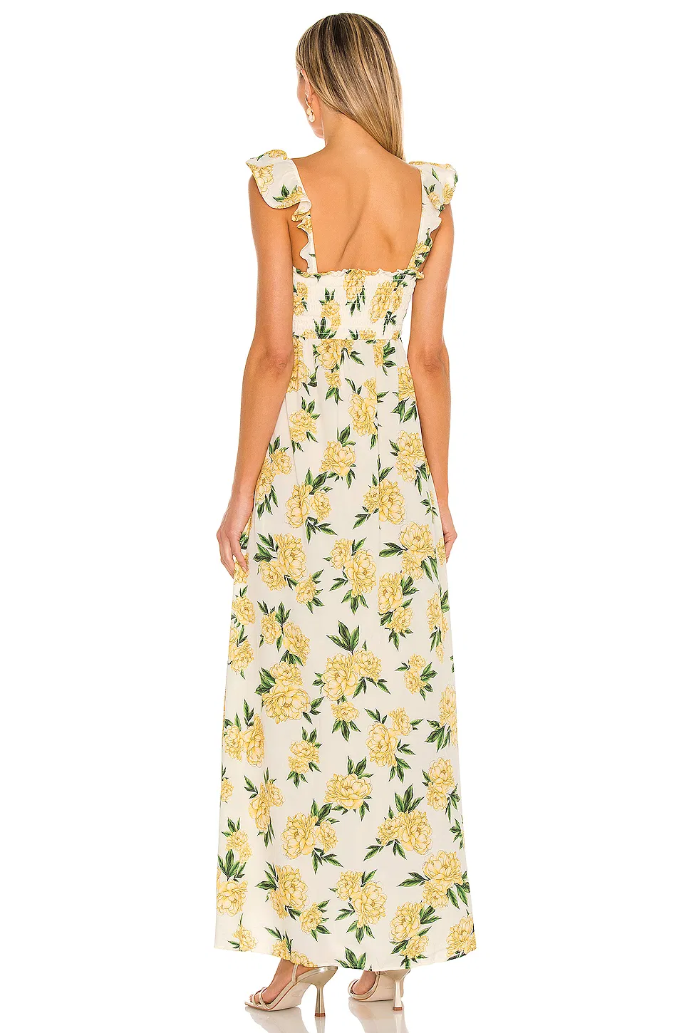 2022 Fashion Smocked Bust with Elastic Flutter Sleeves Floral Longline Dress