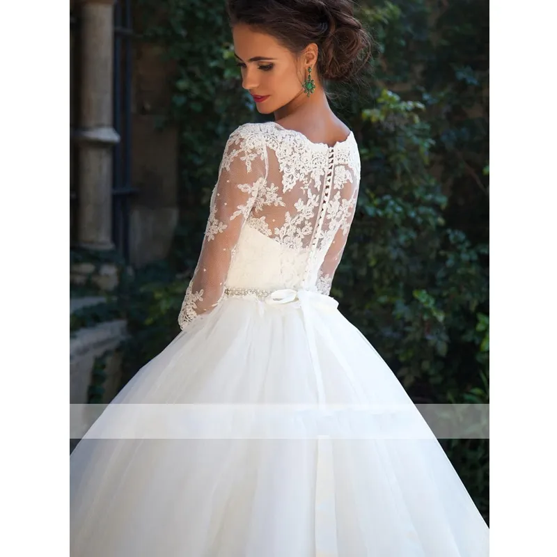 3/4 Lace Sleeves Wedding Dress Puffy Tulle Bridal Ball Gown G1726