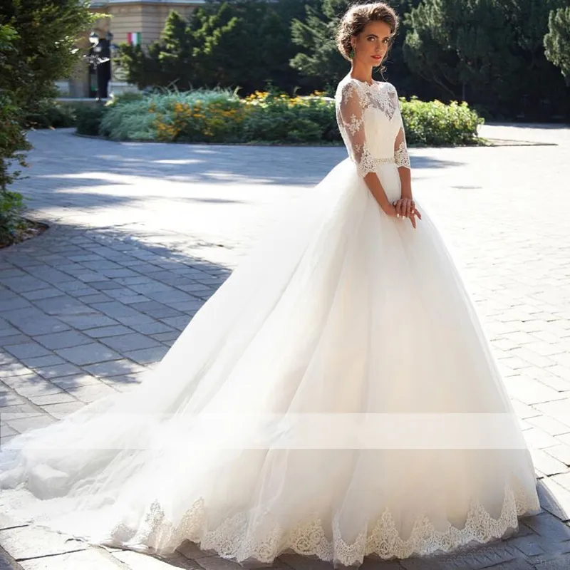 3/4 Lace Sleeves Wedding Dress Puffy Tulle Bridal Ball Gown G1726