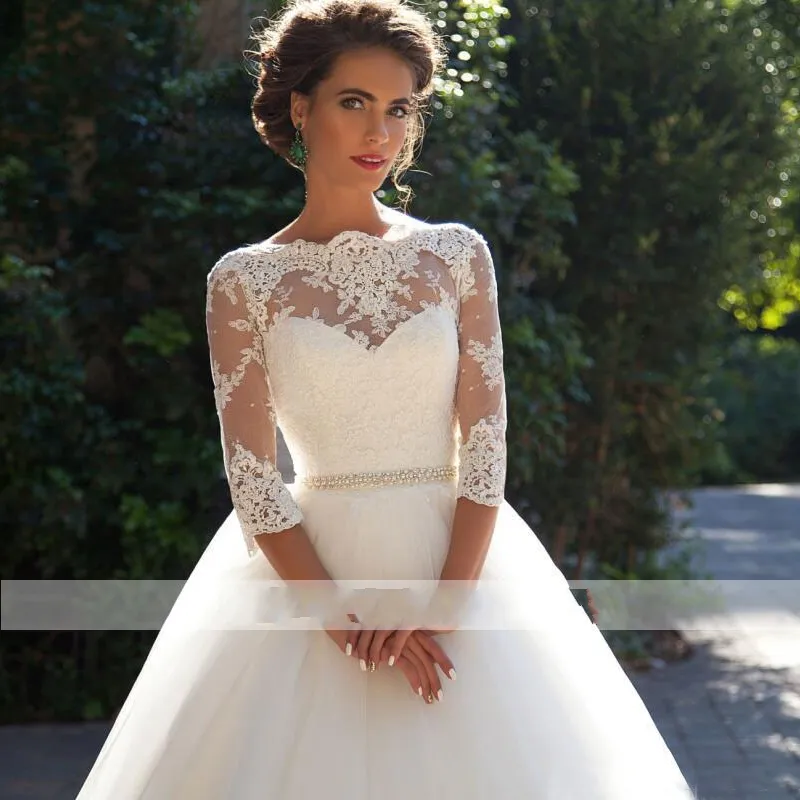 3/4 Lace Sleeves Wedding Dress Puffy Tulle Bridal Ball Gown G1726
