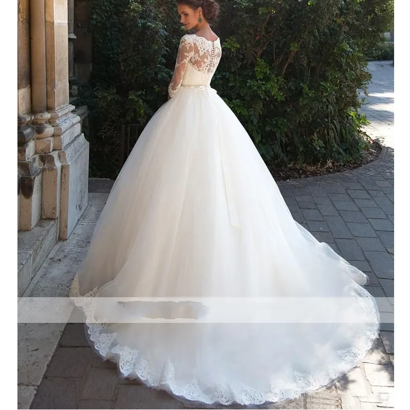 3/4 Lace Sleeves Wedding Dress Puffy Tulle Bridal Ball Gown G1726