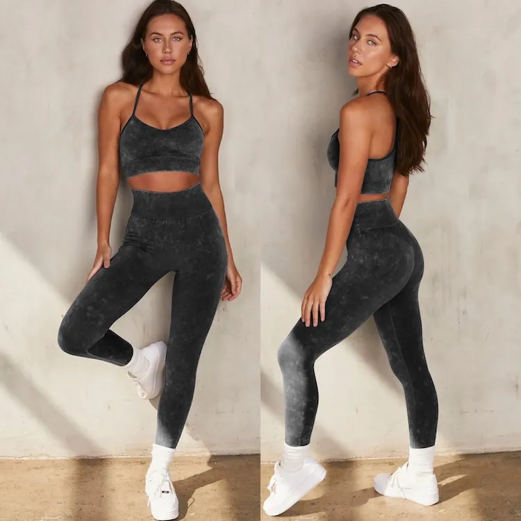 Amazon Hottest Sexy Seamless Jeans-Style Active Wear Classy Athletic Apparel, 2 Piece Acid Wash Yoga Bra +Exercise Leggings Matching Workout Sets for Women