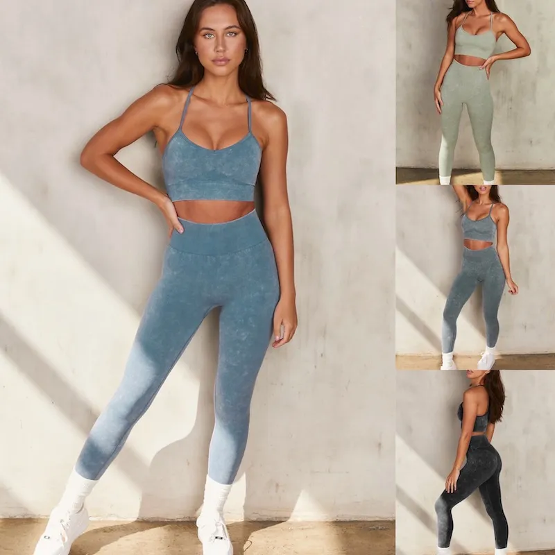 Amazon Hottest Sexy Seamless Jeans-Style Active Wear Classy Athletic Apparel, 2 Piece Acid Wash Yoga Bra +Exercise Leggings Matching Workout Sets for Women