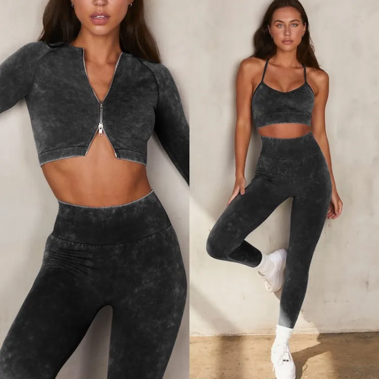 Amazon Hottest Sexy Seamless Jeans-Style Active Wear Classy Athletic Apparel, 2 Piece Acid Wash Yoga Bra +Exercise Leggings Matching Workout Sets for Women