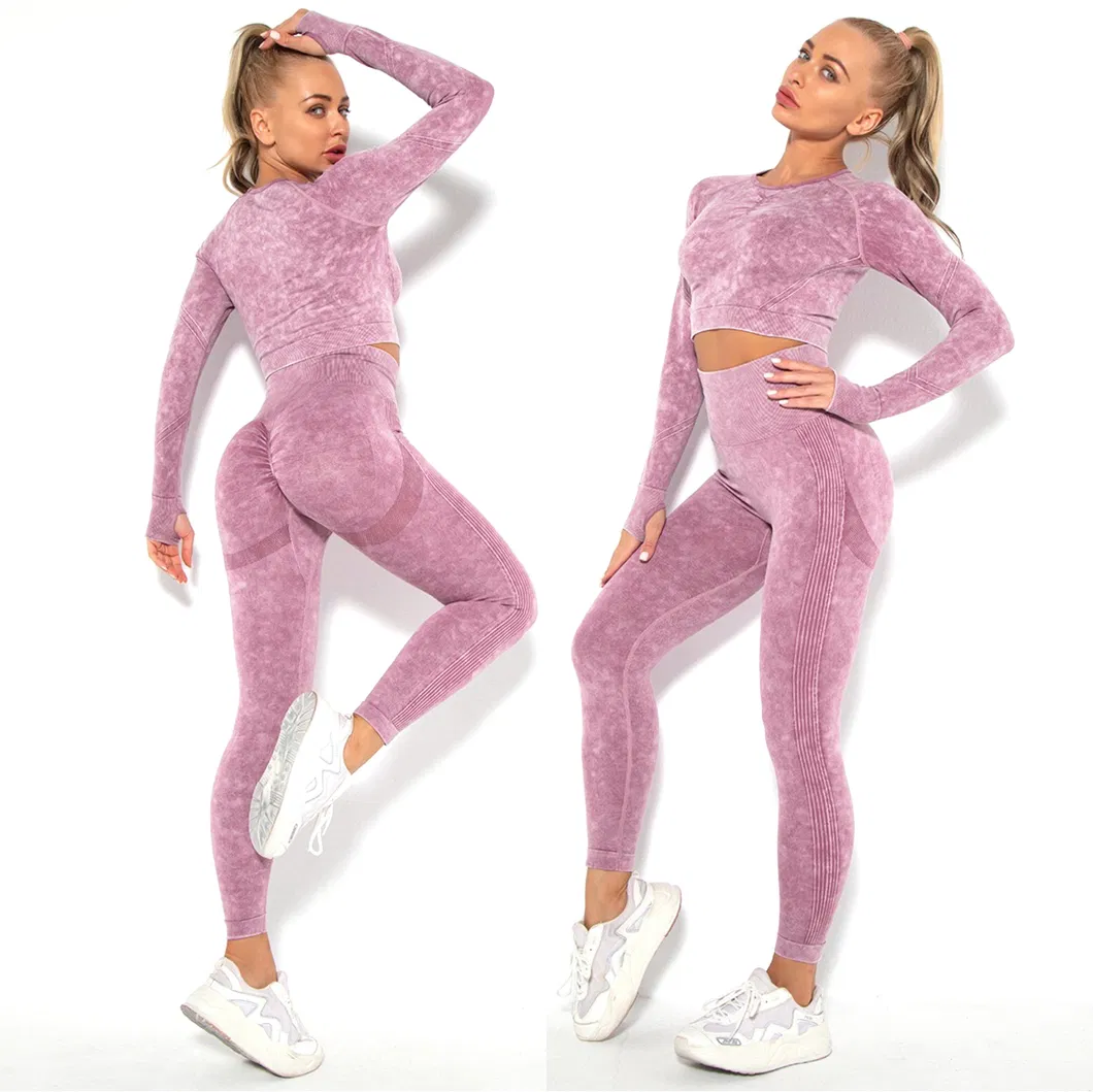 Amazon Latest Hot Women′s Contour Seamless Long Sleeve Workout Clothes Athletic Apparel, Acid Washed Pattern Gym Crop Top + Scrunch Booty Leggings Activewear