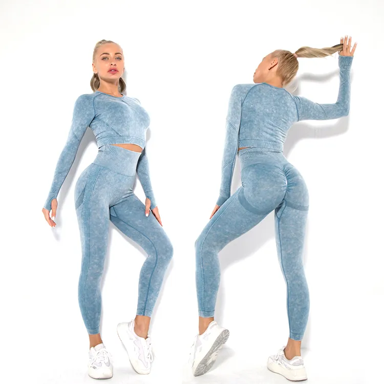Amazon Latest Hot Women′s Contour Seamless Long Sleeve Workout Clothes Athletic Apparel, Acid Washed Pattern Gym Crop Top + Scrunch Booty Leggings Activewear