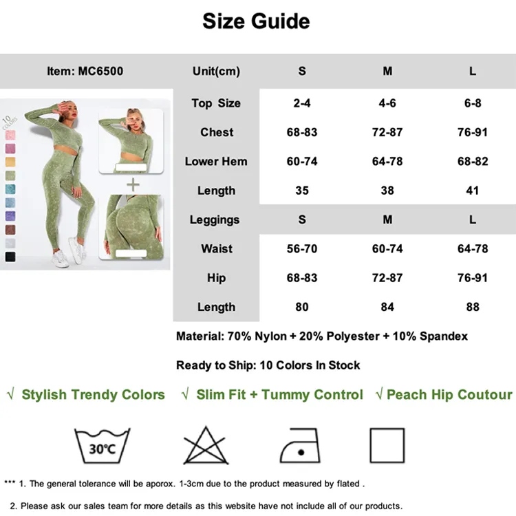 Amazon Latest Hot Women′s Contour Seamless Long Sleeve Workout Clothes Athletic Apparel, Acid Washed Pattern Gym Crop Top + Scrunch Booty Leggings Activewear