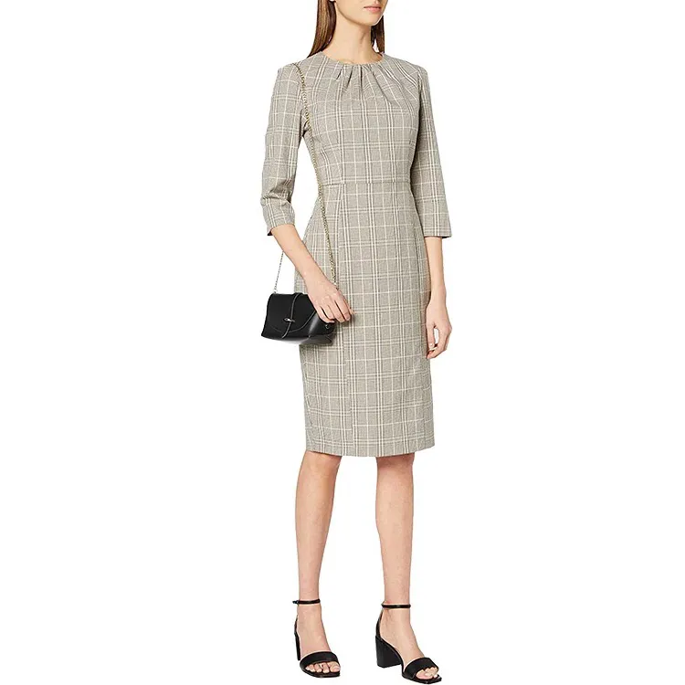 Amazon New Fashion Design Gray Plaid Career Women Office Dress