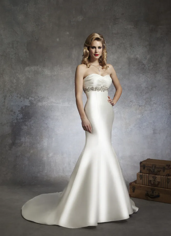 Beading Sash Empire Bridal Gown Ivory Satin Wedding Dress