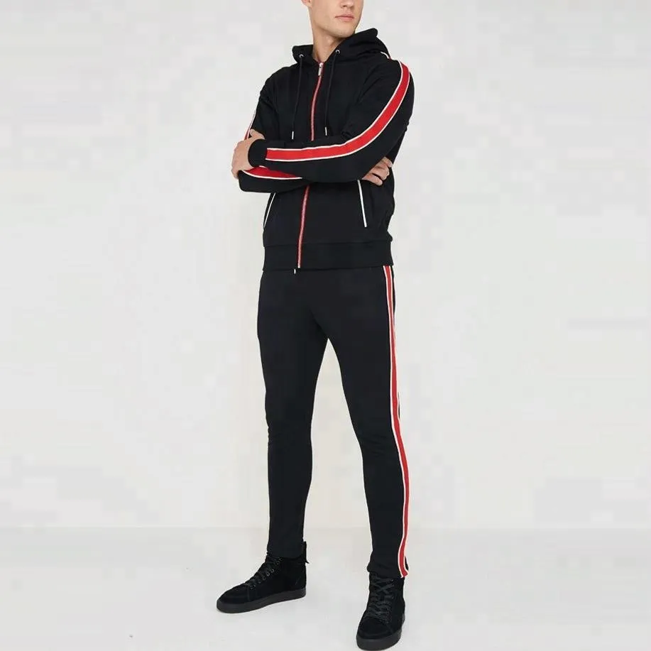 Black and Red Stripes Sports Wear Tracksuit Hoodie Top and Trousers
