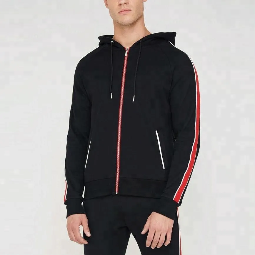 Black and Red Stripes Sports Wear Tracksuit Hoodie Top and Trousers