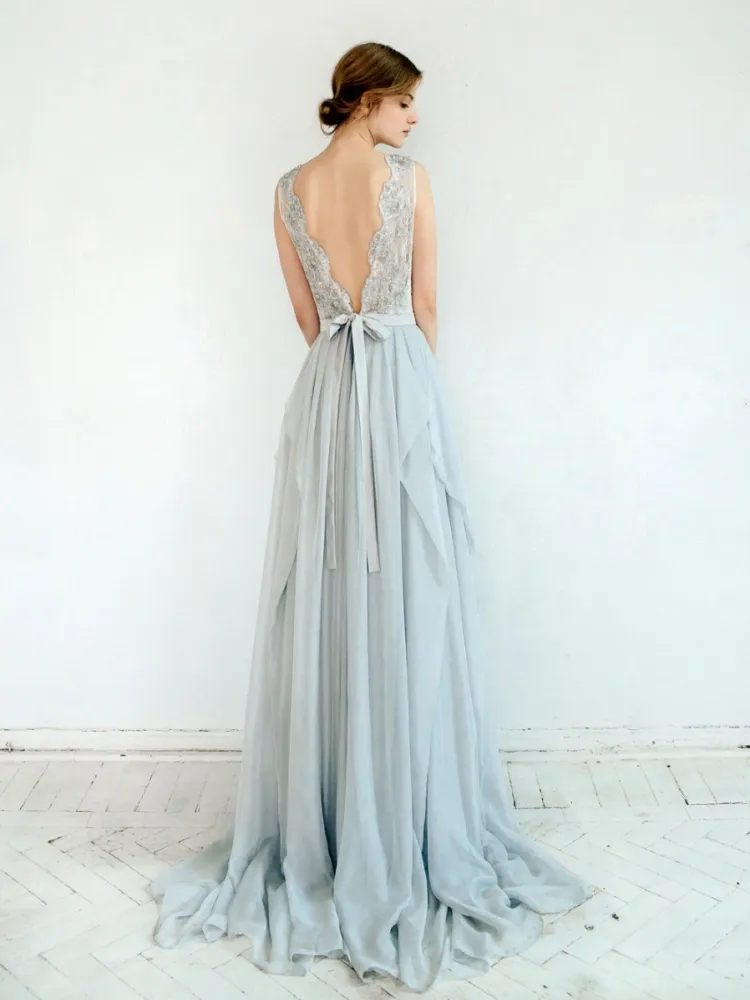 Blue Chiffon Party Prom Formal Gowns Beading Lace Evening Dress Sh318