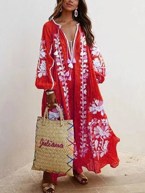 Boho Women Long Dress Autumn Ethnic Embroidery Tassel Lace Womens Party Wear Ukrainian Dress