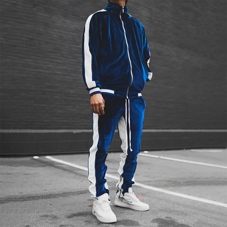 Casual Two Piece Men Set Polyester White Striped Full Zip Velvet Tracksuit