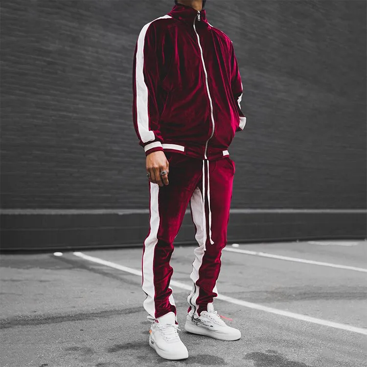 Casual Two Piece Men Set Polyester White Striped Full Zip Velvet Tracksuit