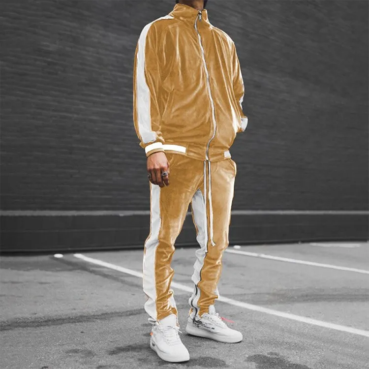 Casual Two Piece Men Set Polyester White Striped Full Zip Velvet Tracksuit