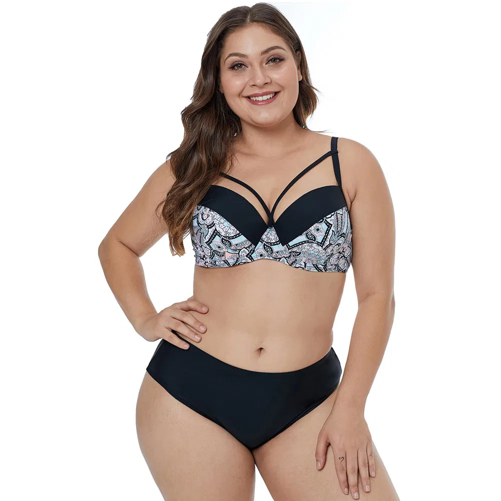 Customize The European and American Designer Big Yards Bikini Two-Piece Printed Condole Belt of Tall Waist Fat Sister Fission Swimsuit Manufacturer Provides Str