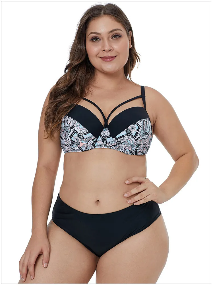 Customize The European and American Designer Big Yards Bikini Two-Piece Printed Condole Belt of Tall Waist Fat Sister Fission Swimsuit Manufacturer Provides Str