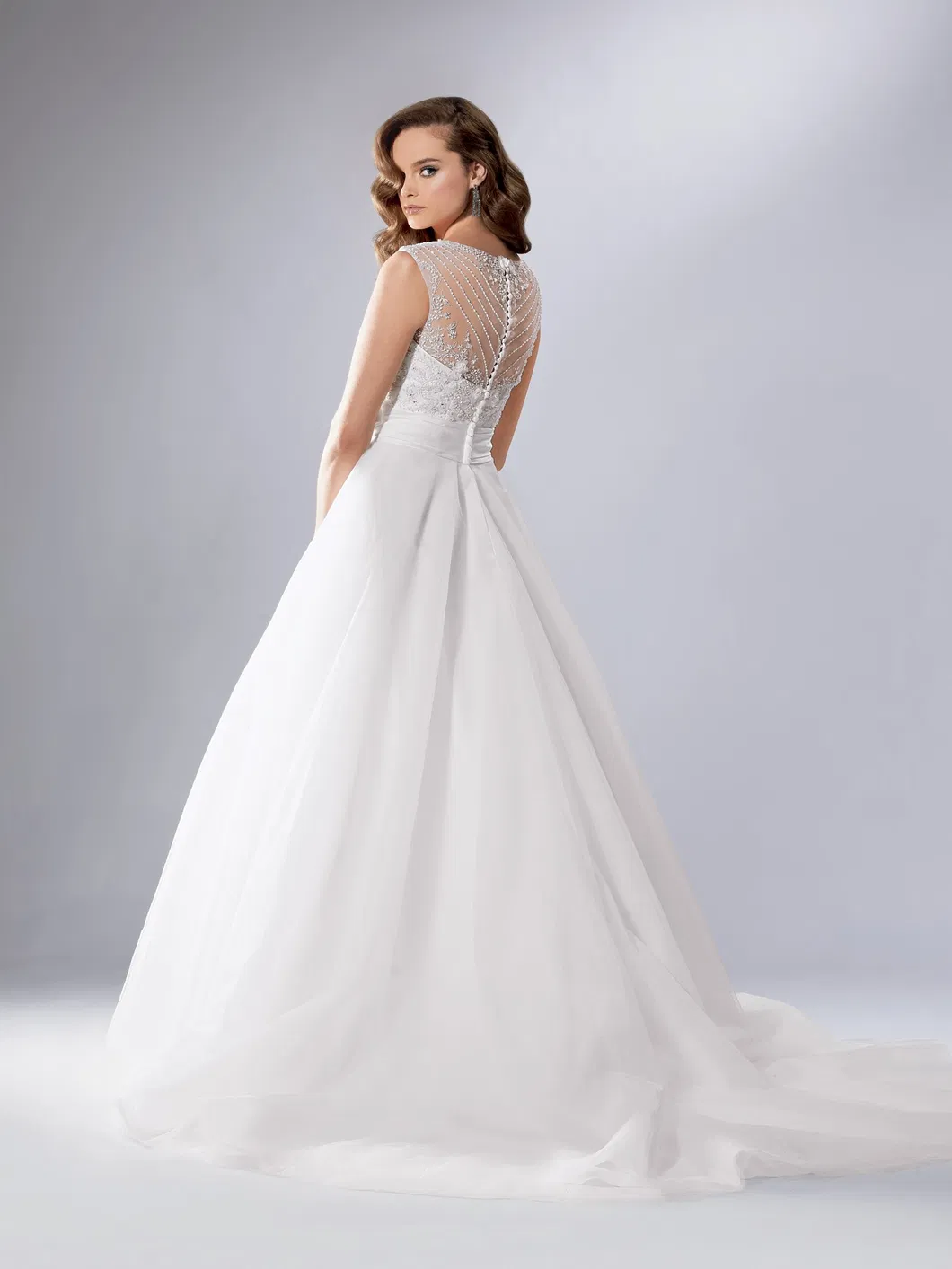 Exquisite Bridal Gowns Sheer Back Crystal Stones White Organza Cap Sleeve Wedding Dress