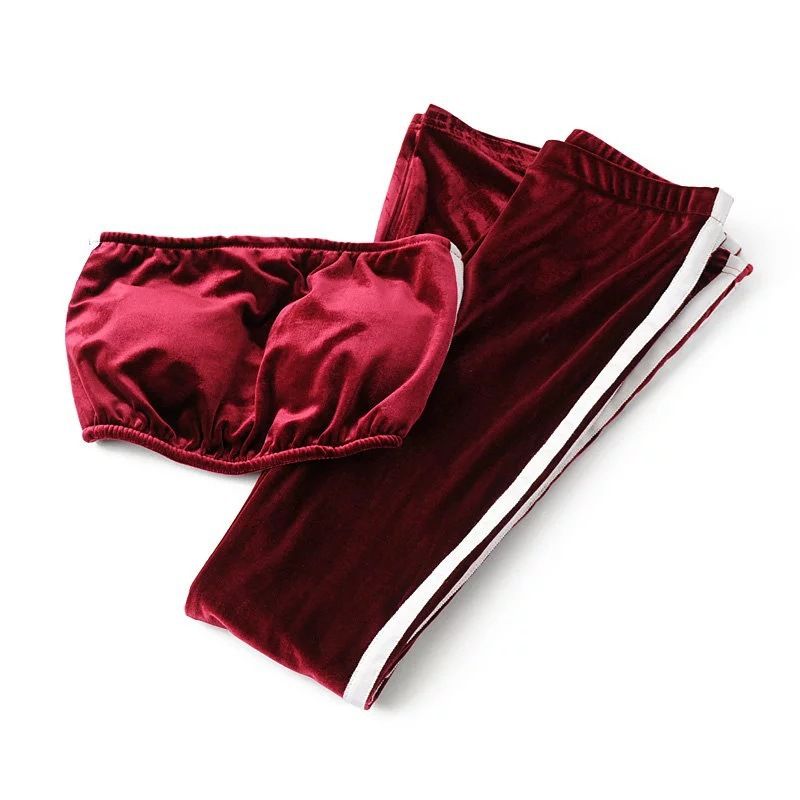Fall Velvet Sportswear Women Two-Piece Set Crop Bra Top Sleeveless and Long Flare Pants Casual Velour Set
