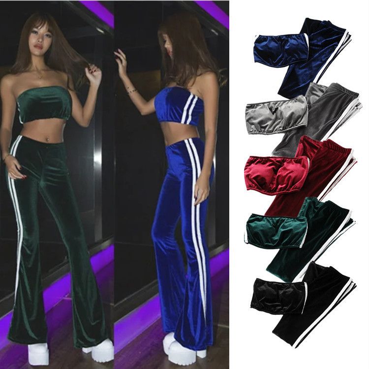Fall Velvet Sportswear Women Two-Piece Set Crop Bra Top Sleeveless and Long Flare Pants Casual Velour Set