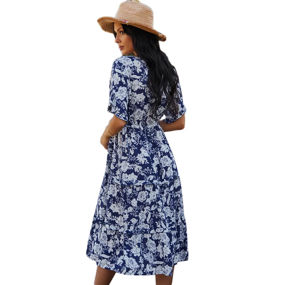 Fashion Korean Style Empire Waist Casual Elegant Bohemian Summer Floral Dress for Women