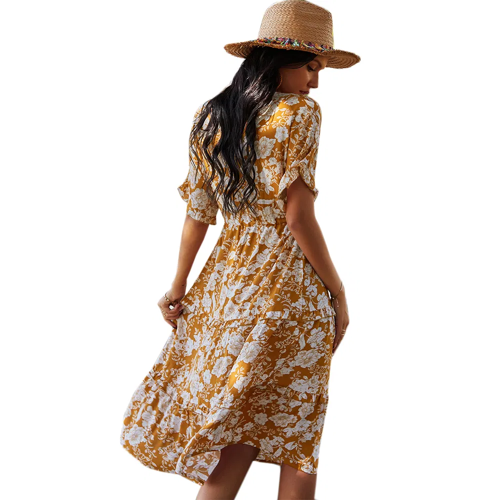 Fashion Korean Style Empire Waist Casual Elegant Bohemian Summer Floral Dress for Women
