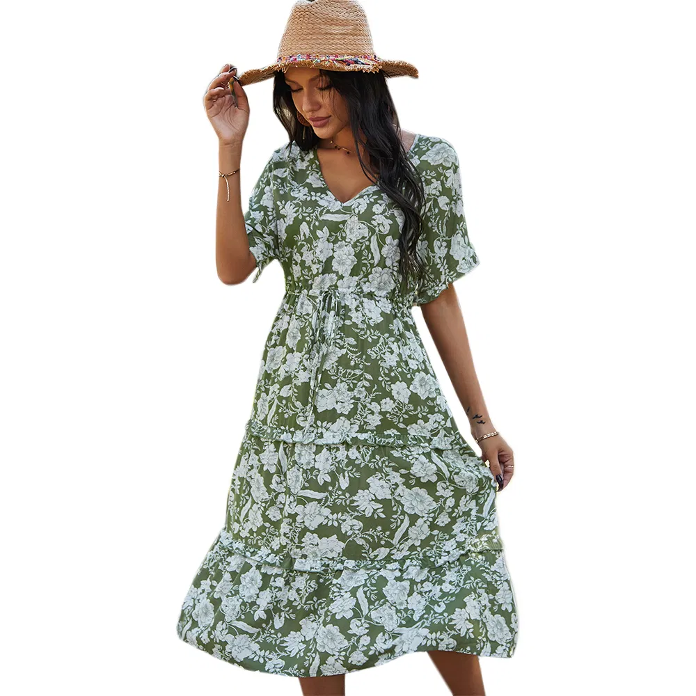 Fashion Korean Style Empire Waist Casual Elegant Bohemian Summer Floral Dress for Women