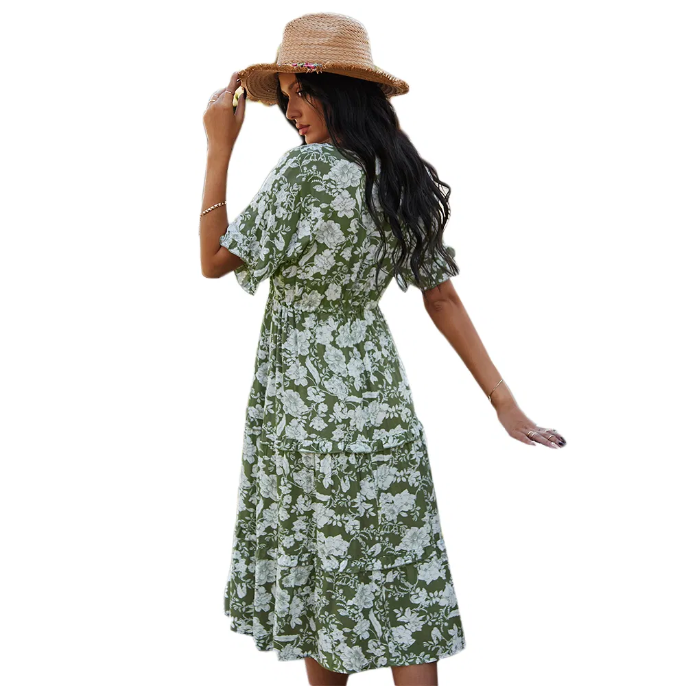 Fashion Korean Style Empire Waist Casual Elegant Bohemian Summer Floral Dress for Women