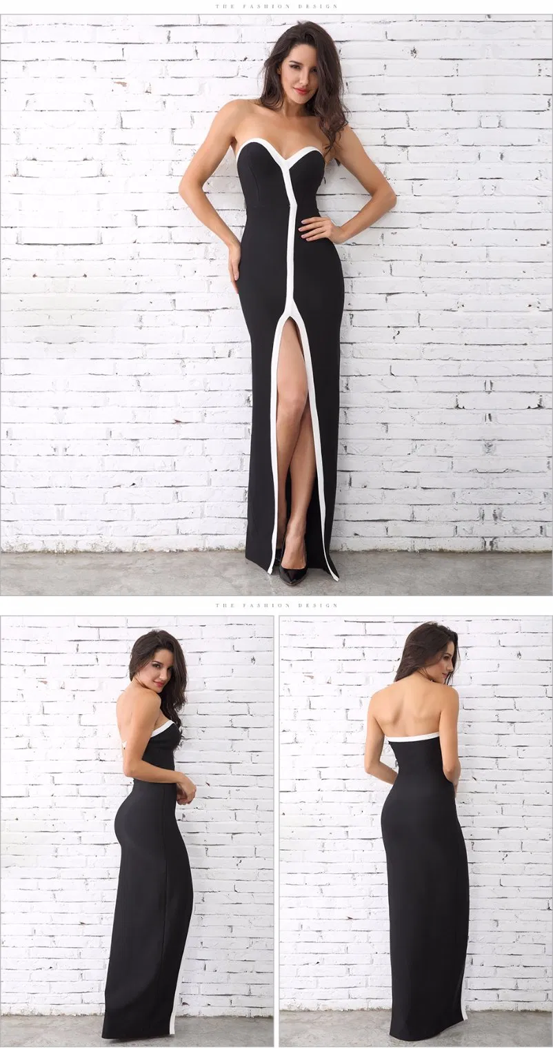 Fashion Women Strapless Black White Long Dress Celebrity Dresses Party Dresses Evening of Maxi Dress