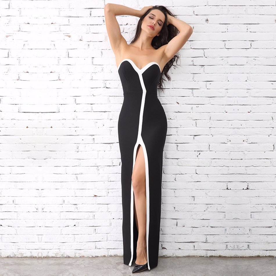 Fashion Women Strapless Black White Long Dress Celebrity Dresses Party Dresses Evening of Maxi Dress