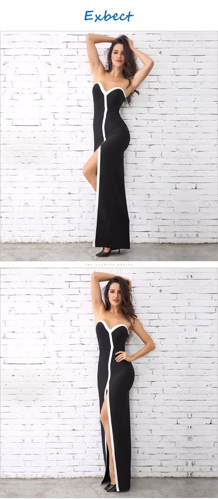 Fashion Women Strapless Black White Long Dress Celebrity Dresses Party Dresses Evening of Maxi Dress